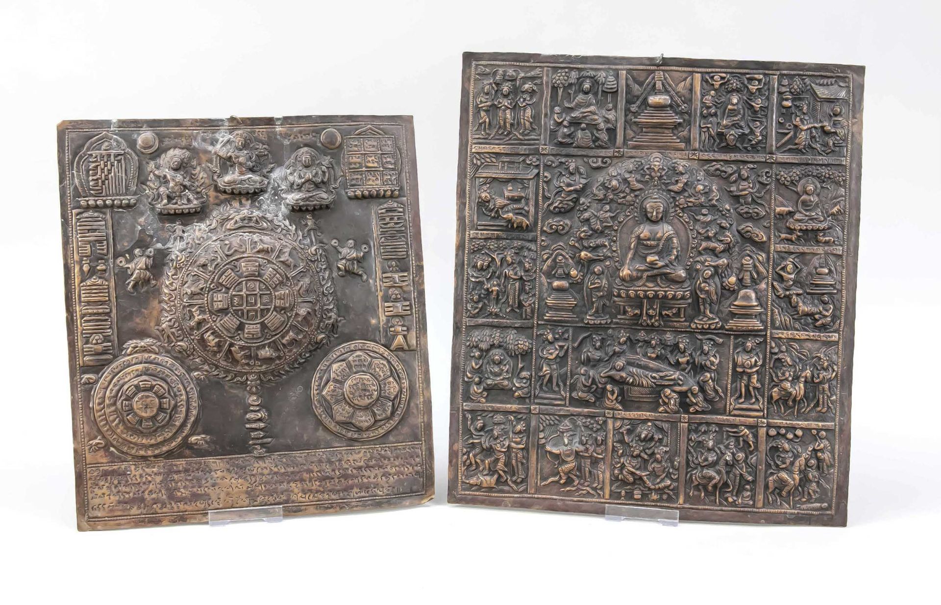 2 Buddhist reliefs, Tibet/Nepal, 20th c., copper plate trienem, with small ring for hanging, 35 x 30