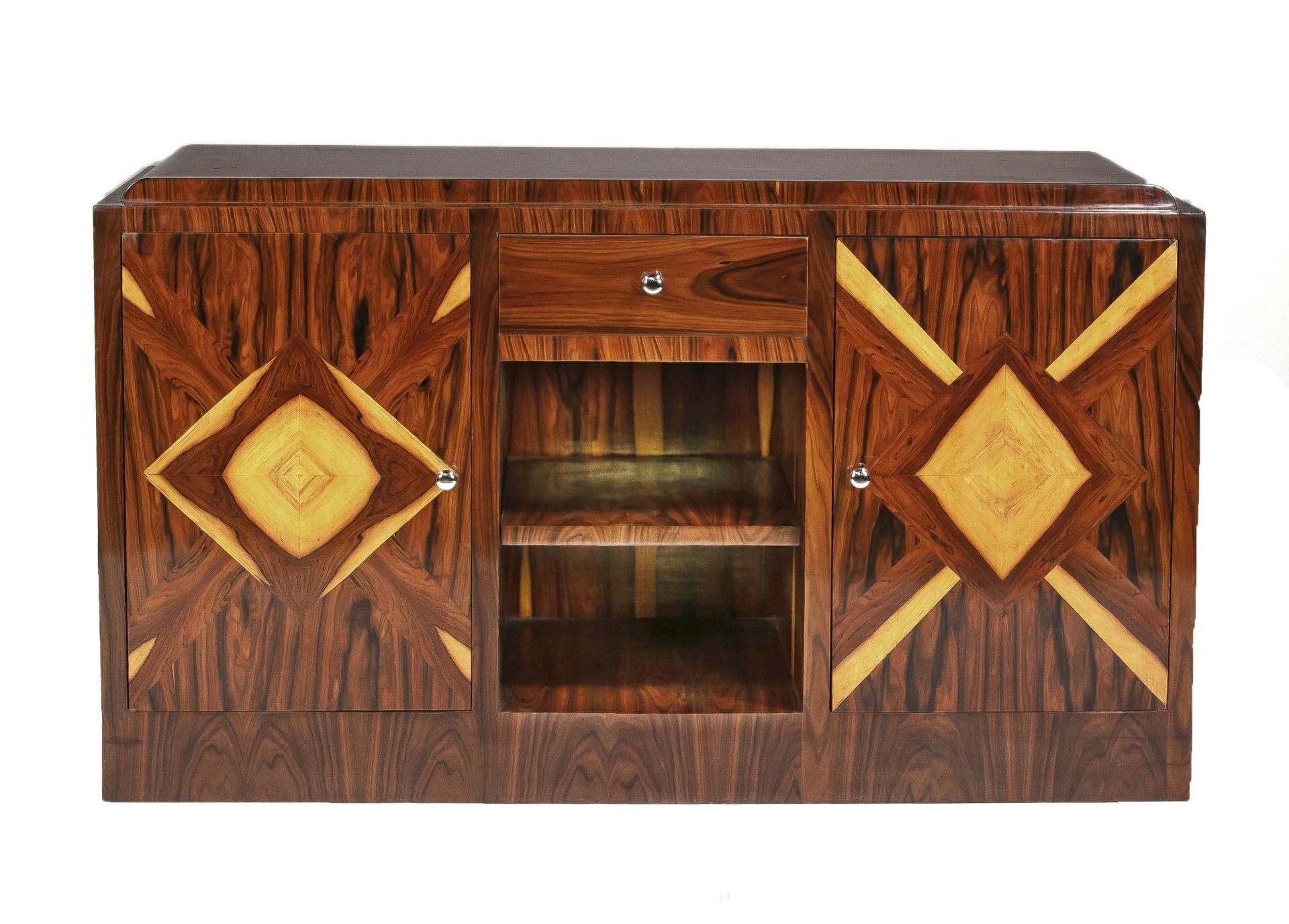 Sideboard in art deco style, end of 20th century, Indian 2-color rosewood veneer, 82,5 x 151 x 45