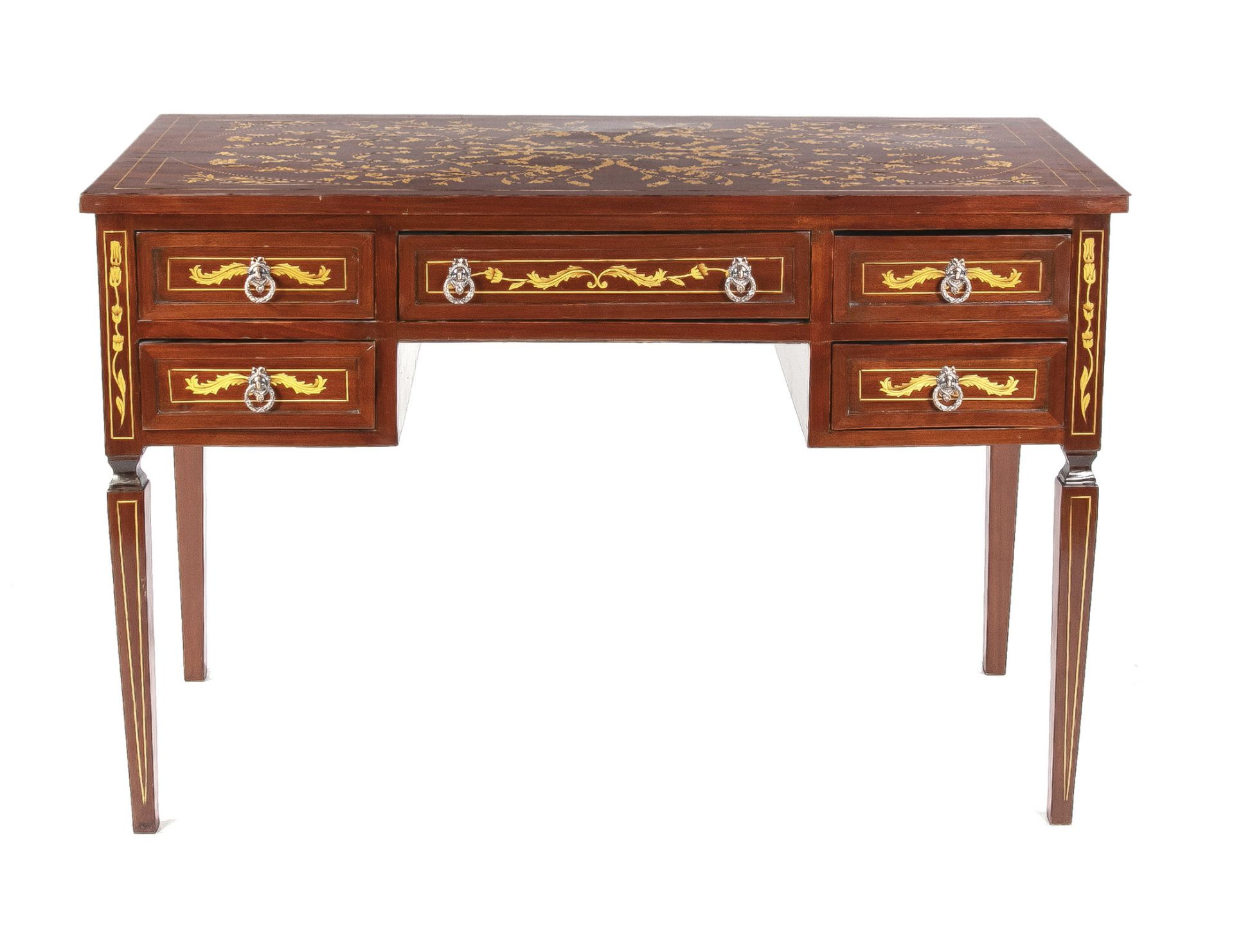 Louis Seize style desk, late 20th century, frame with 5 drawers, surface inlaid with maple veneer,