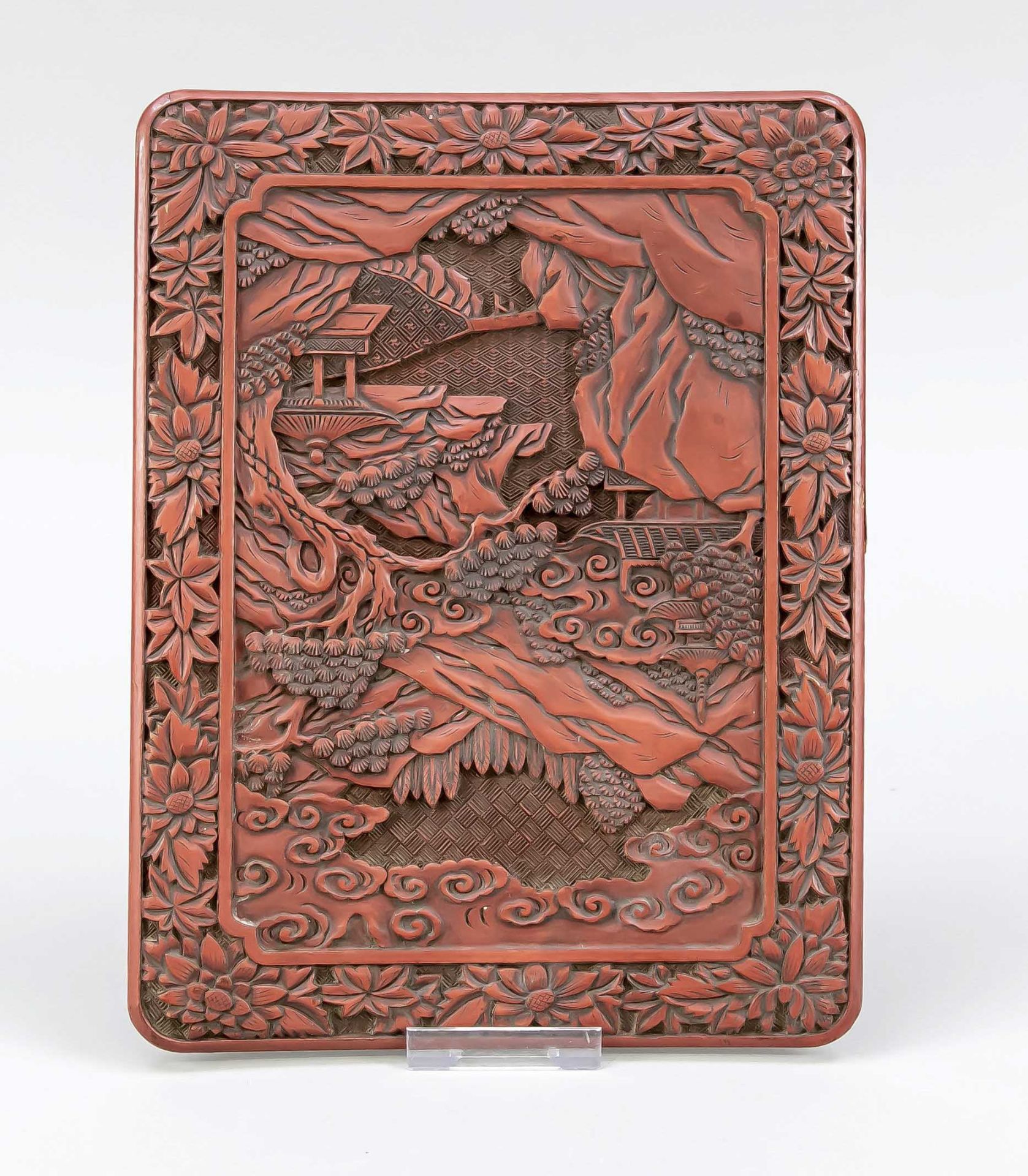 Pseudo carving lacquer, Japan, around 1900. Red lacquer on carved wooden plate. Idealized