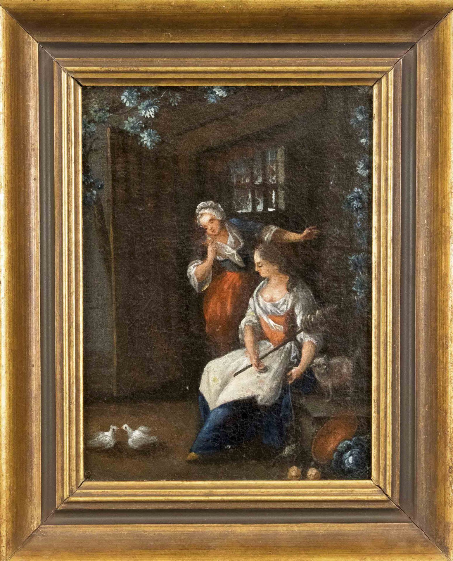 Anonymer Genremaler des 18. Jh., Frau mit zwei Taub