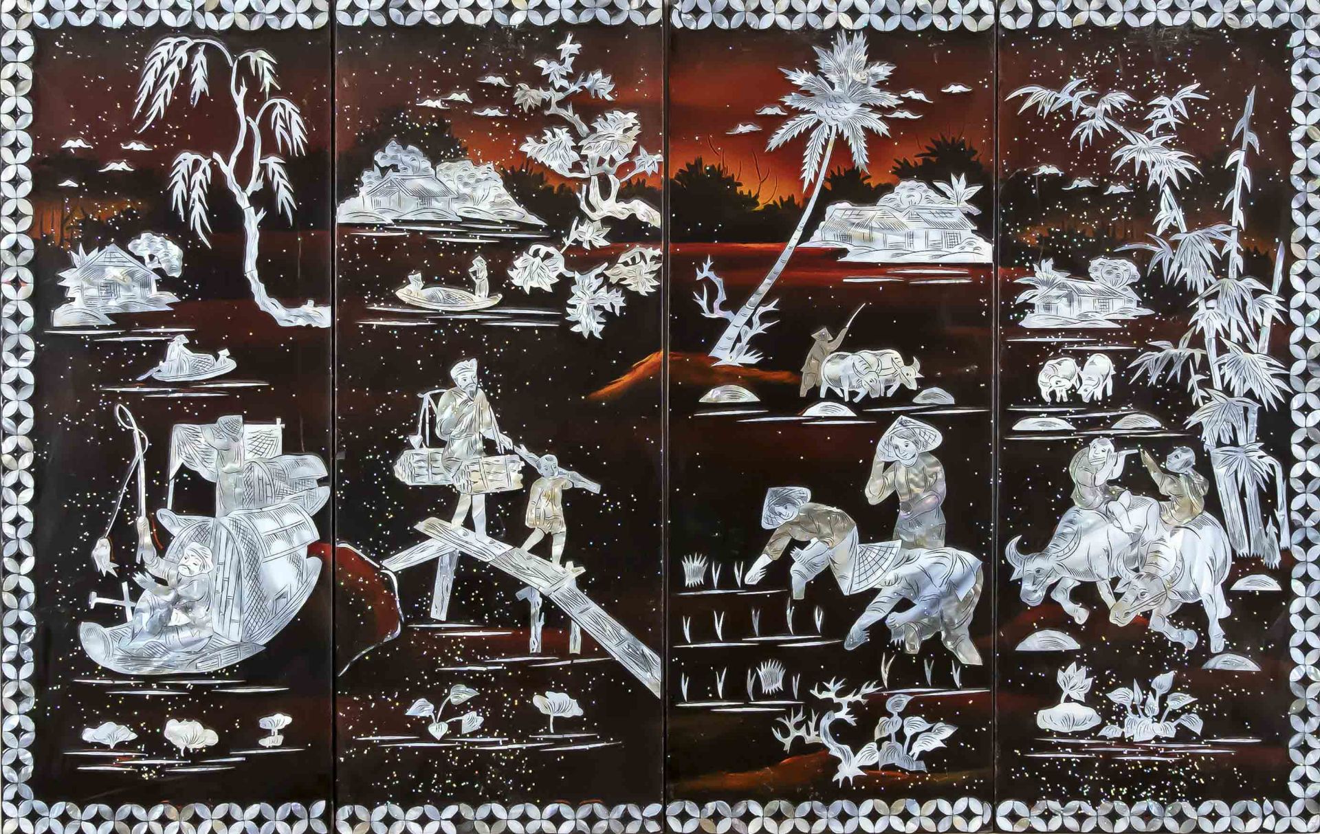 Lacquer painting with mother-of-pearl inlays, China, 20th century, river landscape with fishermen,