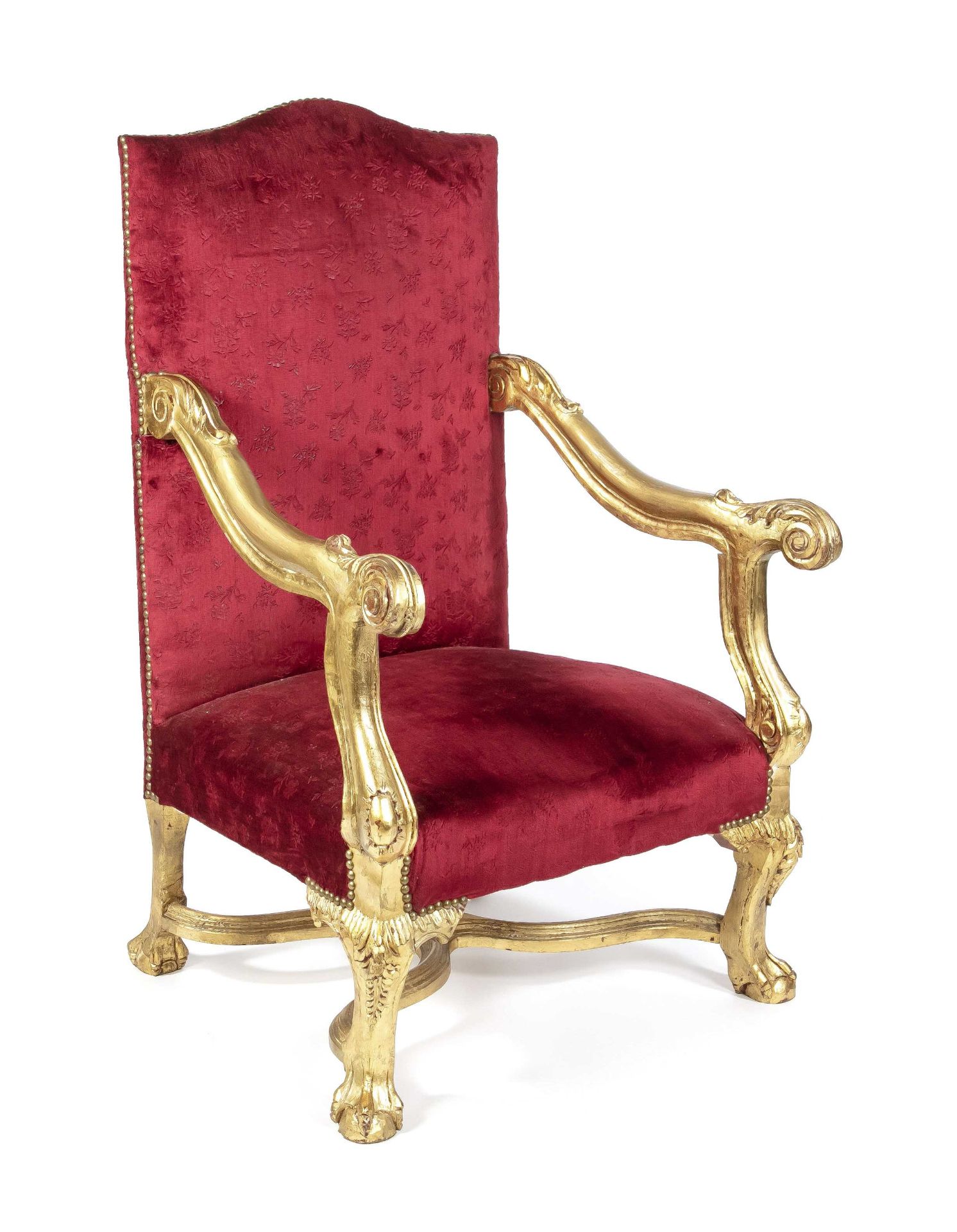 Louis Quinze style state armchair, 20th c., carved and gilded wood, red velvet upholstery, 125 x