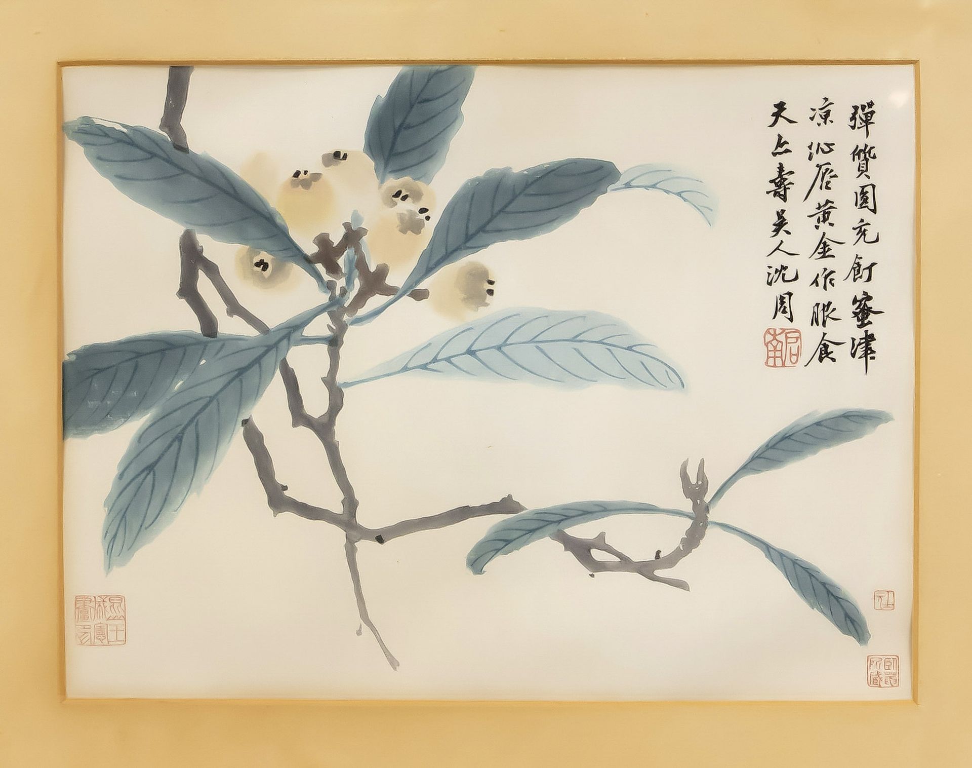 Pair of prints, China, mid-20th c. Depictions of individual plants, calligraphy. Framed behind glass - Image 2 of 2