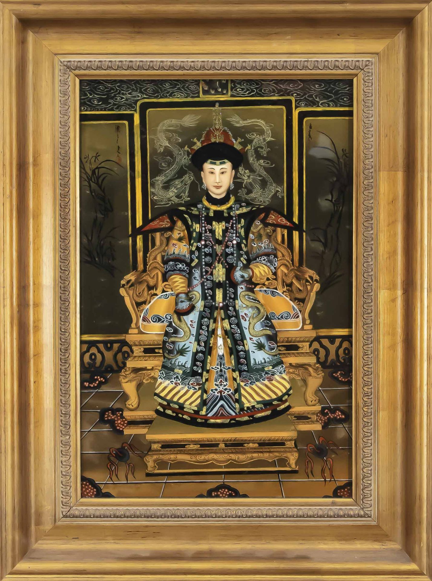 Pair of reverse glass paintings, China, 20th century, Emperor and Empress. Each in profiled and gold - Image 2 of 2