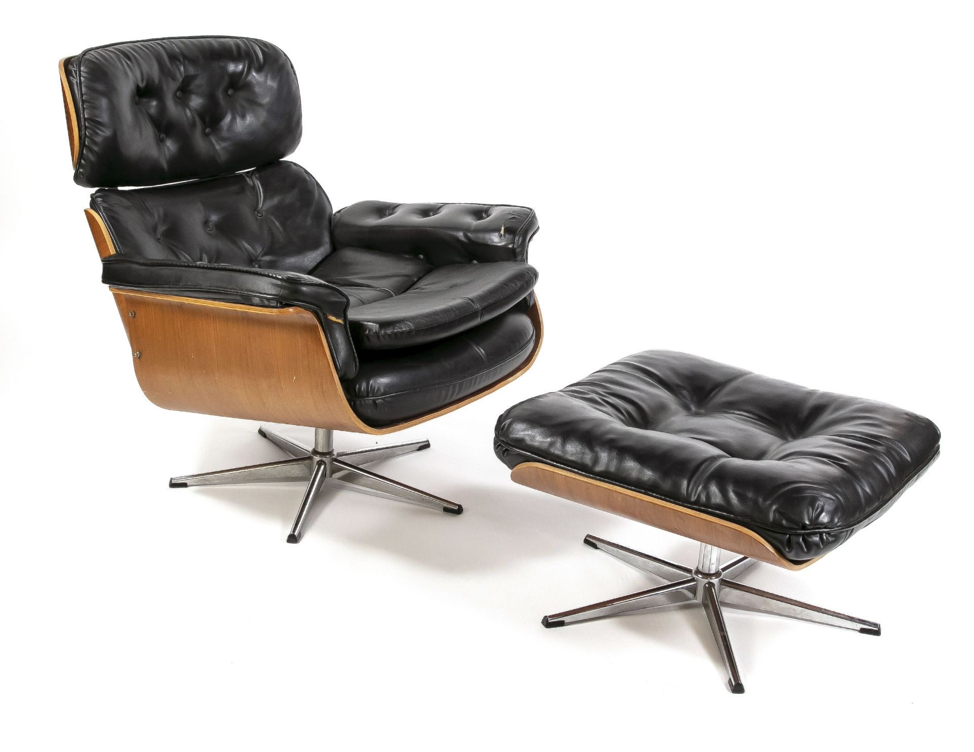 Lounge chair with stool in the style of Charles Eames, 20th c. Wood and black leather (partly