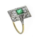 Art Deco Smaragd-Altschliff-Diamant-Ring GG/WG 585/