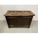 A SMALL ANTIQUE OAK COFFER, PANEL MISSING FROM BACK, A/F CONDITION, LENGTH 85CM, HEIGHT 57CM,