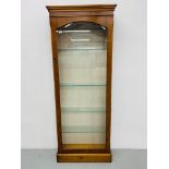 "BRADLEY" YEW FINISH GLAZED DISPLAY CABINET WITH GLASS SHELVES - H 189cm. W 72cm. D 23cm.