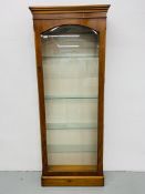 "BRADLEY" YEW FINISH GLAZED DISPLAY CABINET WITH GLASS SHELVES - H 189cm. W 72cm. D 23cm.