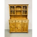 HONEY PINE TRADITIONAL KITCHEN DRESSER, THE UPPER WITH TWO GLAZED DOORS,