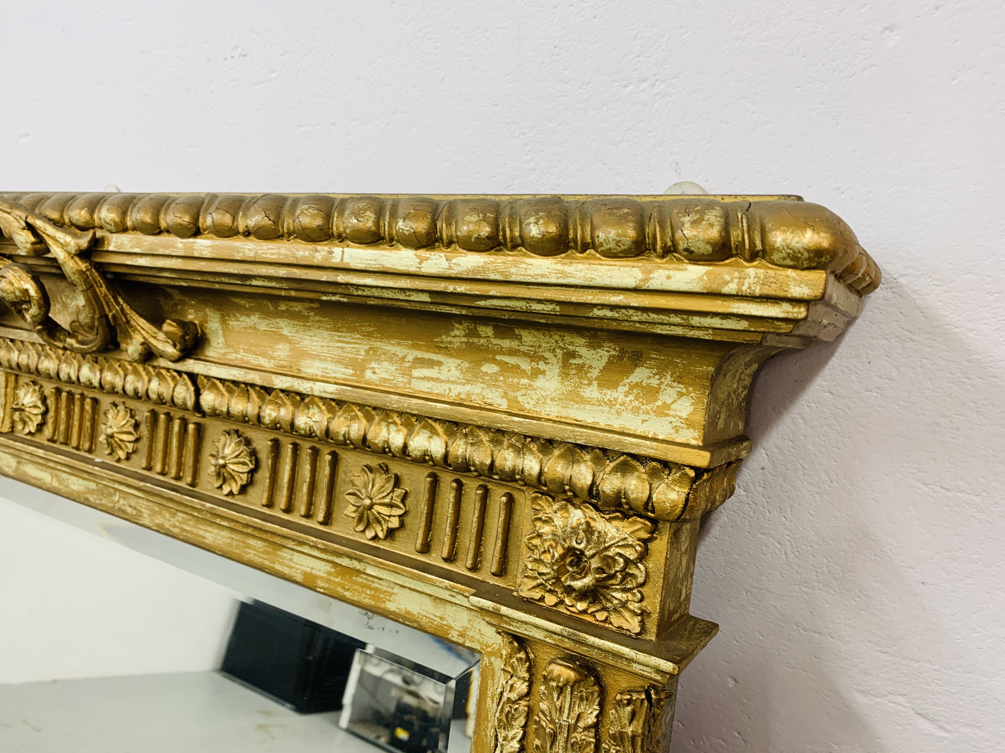 HIGHLY DECORATIVE GILT FINISH OVER MANTEL MIRROR WITH BEVELLED GLASS MIRROR (NEEDS ATTENTION TO - Image 3 of 10