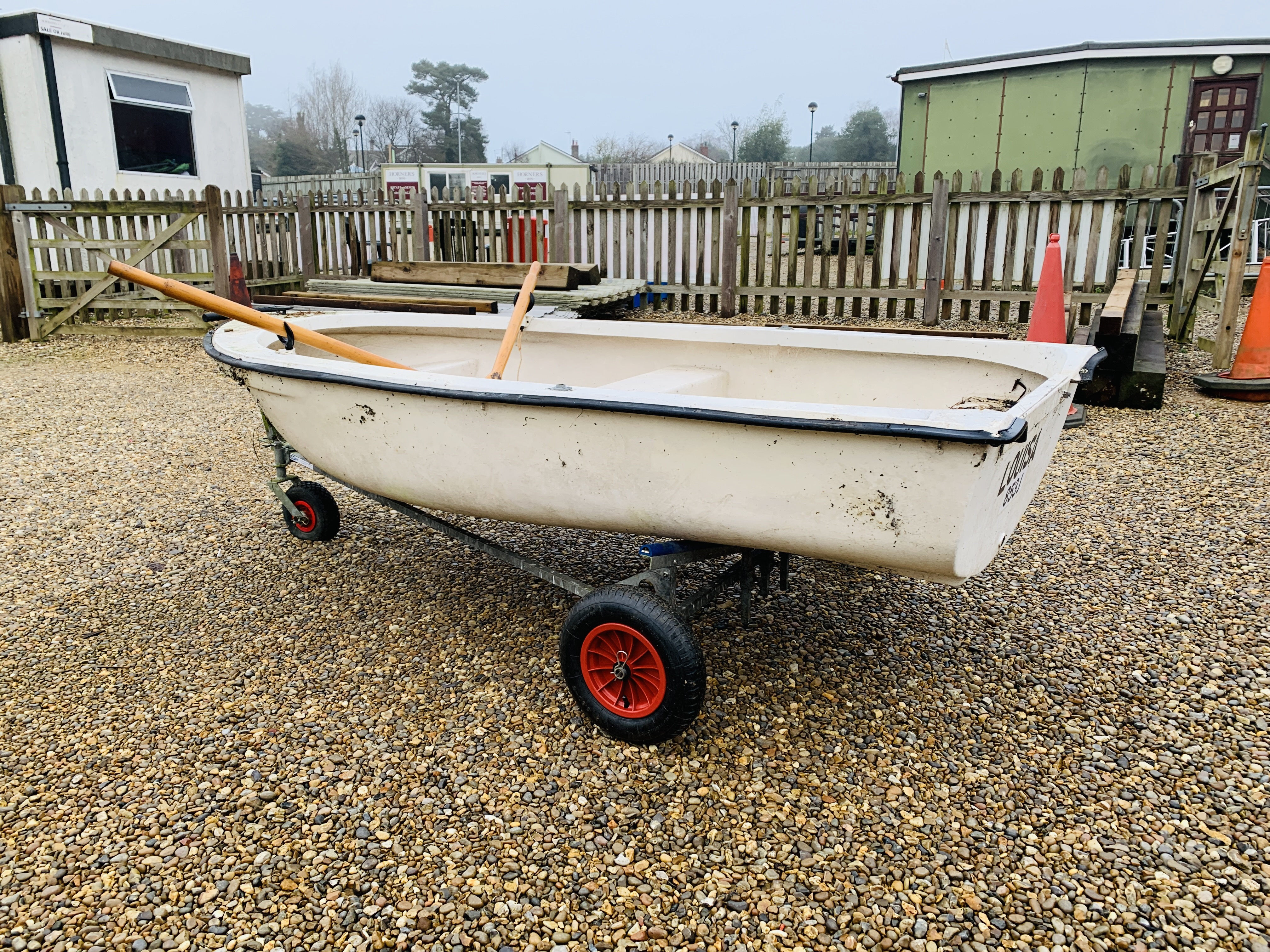 A 10FT FIBREGLASS ROWING DINGHY ON LAUNCHING TRAILER WITH OARS, - Image 8 of 12