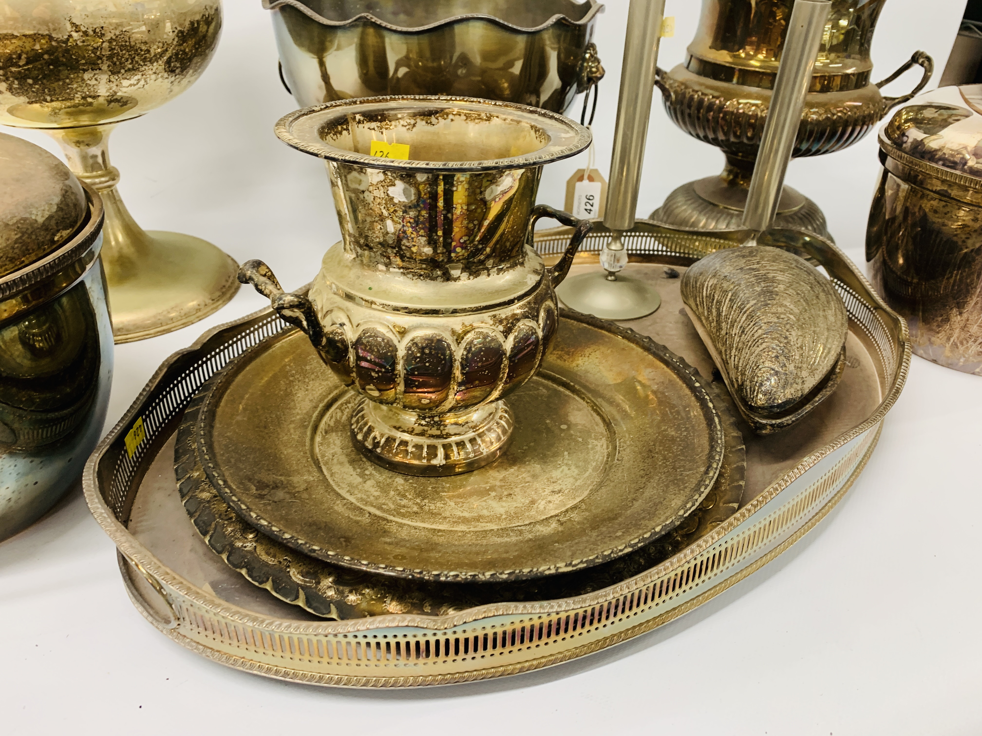 COLLECTION OF PLATED WARE TO INCLUDE TWO HANDLED GALLERY EDGE TRAY, - Image 2 of 12