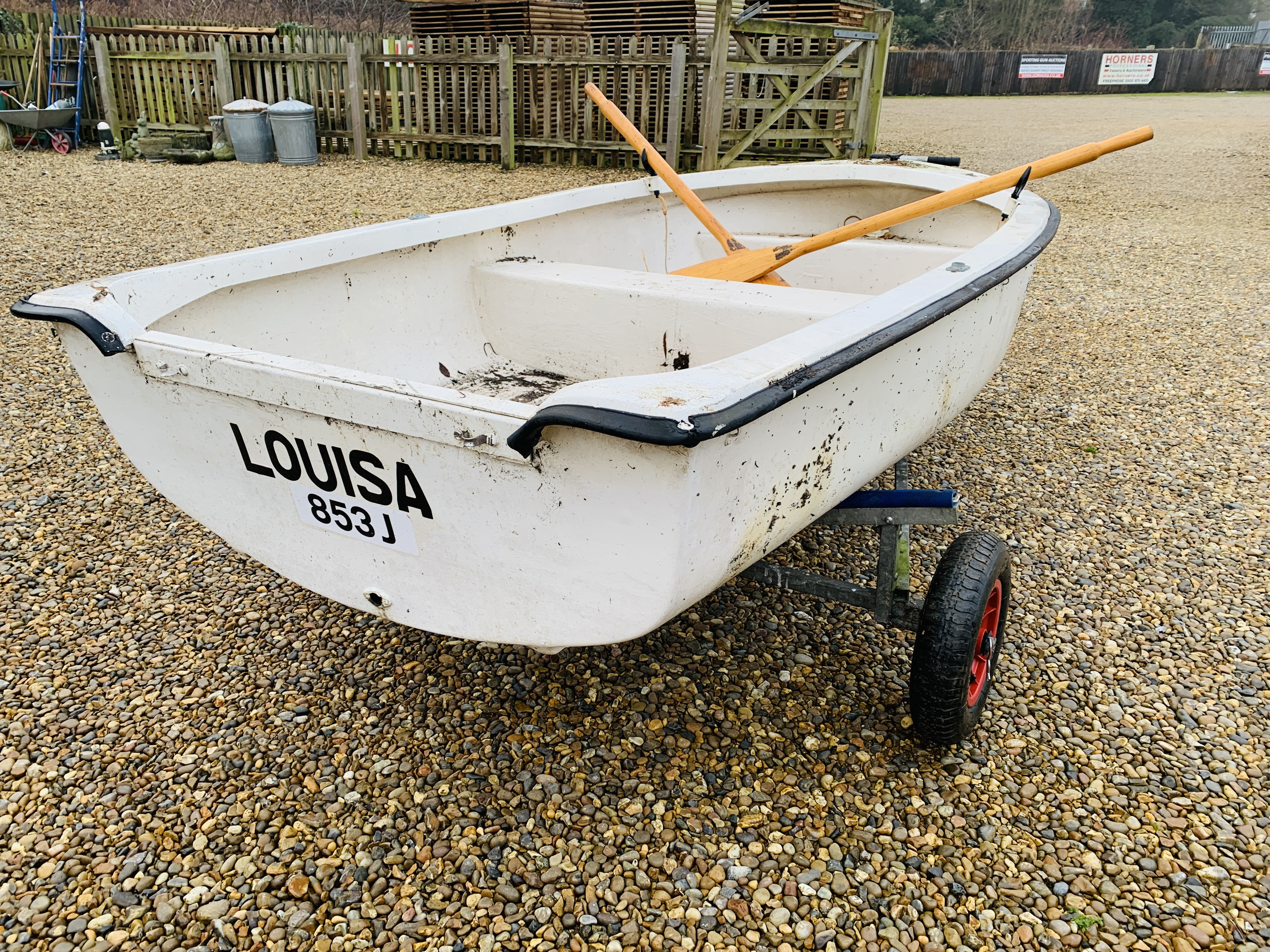 A 10FT FIBREGLASS ROWING DINGHY ON LAUNCHING TRAILER WITH OARS, - Image 5 of 12
