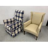 AN EDWARDIAN EASY CHAIR WITH CREAM PATTERNED UPHOLSTERY AND ONE OTHER WITH CHECK PATTERNED LOOSE