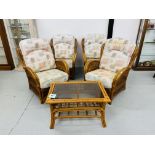 5 PIECE CANE CONSERVATORY SUITE COMPRISING 4 ARMCHAIRS AND A GLASS TOP COFFEE TABLE