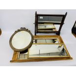 A SMALL EDWARDIAN SWING MIRROR, AN ANTIQUE OVERMANTEL MIRROR,