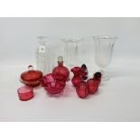 A COLLECTION OF CRANBERRY GLASSWARE (SEVEN PIECES) ALONG WITH TWO PIECES ART GLASS,