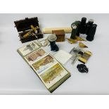 BOX OF COLLECTIBLES TO INCLUDE ALBUM OF POSTCARDS, 10 X 50 HALINA BINOCULARS, TORCH,