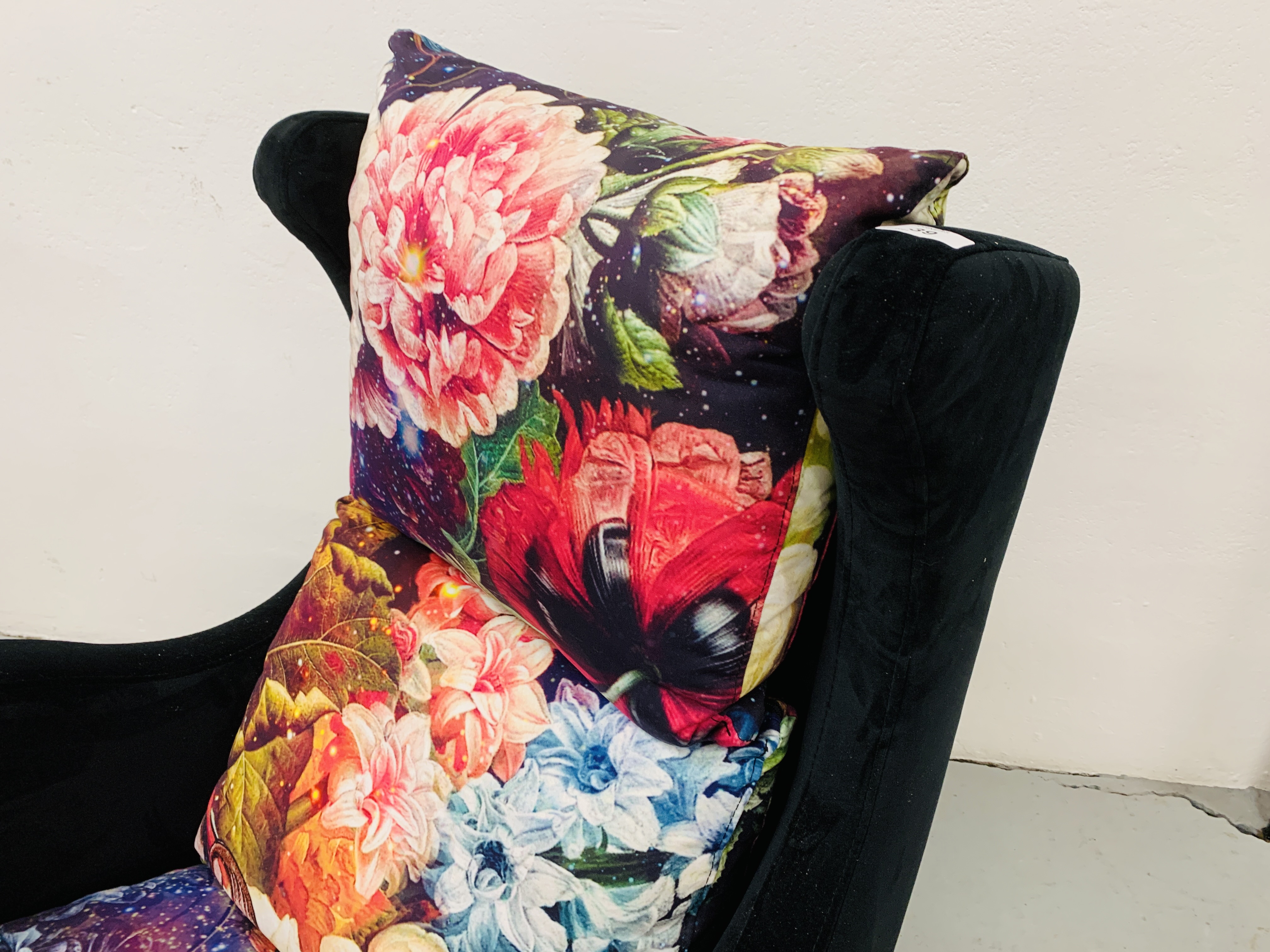 "TAMA" DESIGNER ARMCHAIR UPHOLSTERED IN BLACK SUEDE WITH FLORAL CUSHIONS TOGETHER WITH A FAUX - Image 3 of 9