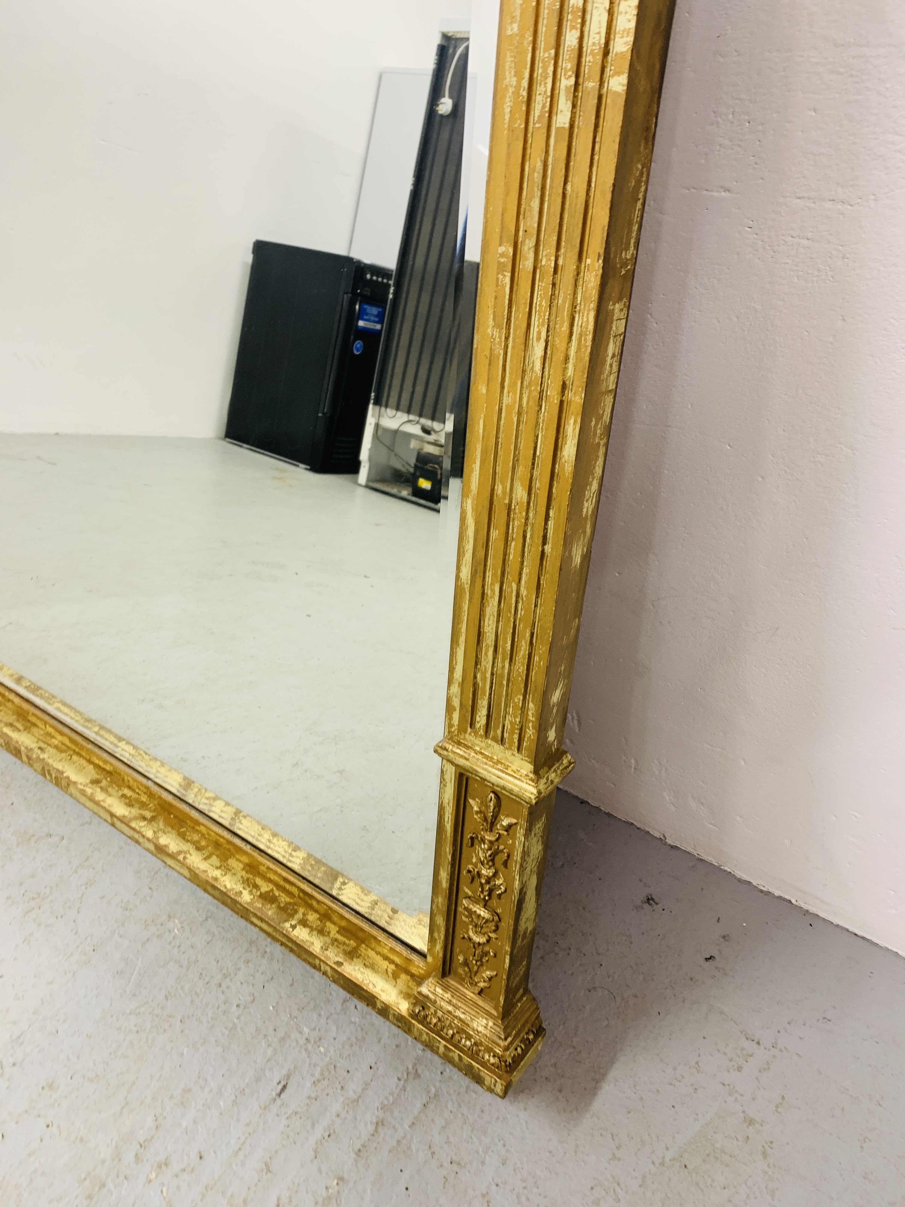 HIGHLY DECORATIVE GILT FINISH OVER MANTEL MIRROR WITH BEVELLED GLASS MIRROR (NEEDS ATTENTION TO - Image 5 of 10
