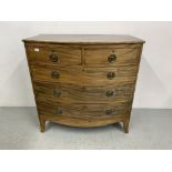 A BOW FRONTED TWO OVER THREE MAHOGANY CHEST OF DRAWERS ON SPLAYED FOOT, WIDTH 106CM, HEIGHT 106CM,