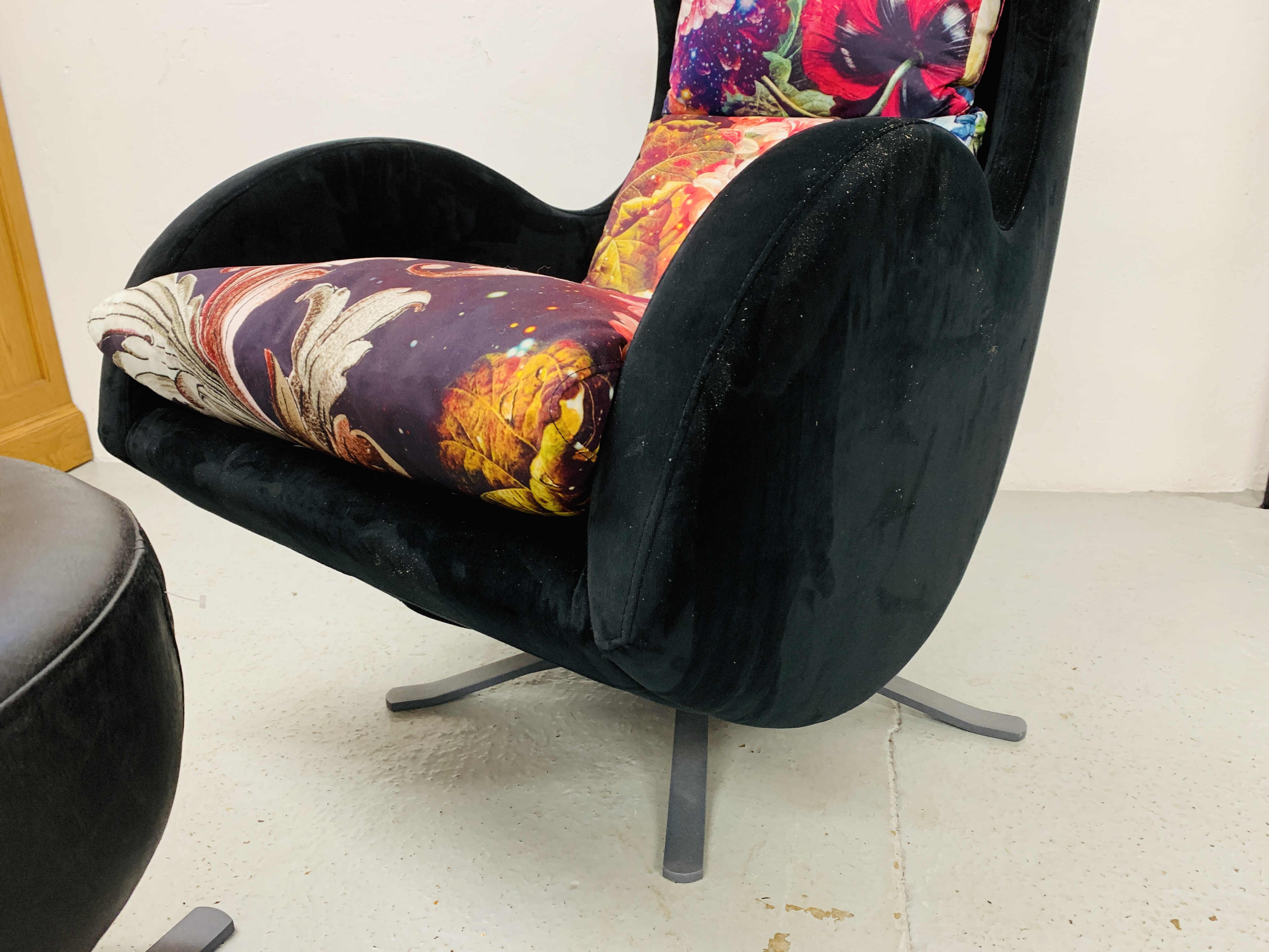 "TAMA" DESIGNER ARMCHAIR UPHOLSTERED IN BLACK SUEDE WITH FLORAL CUSHIONS TOGETHER WITH A FAUX - Image 5 of 9