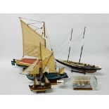 4 X MODEL BOATS WITH STANDS TO INCLUDE A WHERRY + SHIP IN A BOTTLE