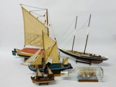 4 X MODEL BOATS WITH STANDS TO INCLUDE A WHERRY + SHIP IN A BOTTLE