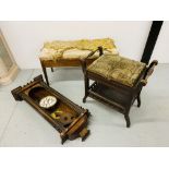 EDWARDIAN INLAID DUET PIANO STOOL TOGETHER WITH A VINTAGE HARDWOOD PIANO STOOL AND WALL CLOCK