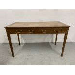 A MAHOGANY TWO DRAWER WRITING TABLE WITH TOOLED LEATHER TOP