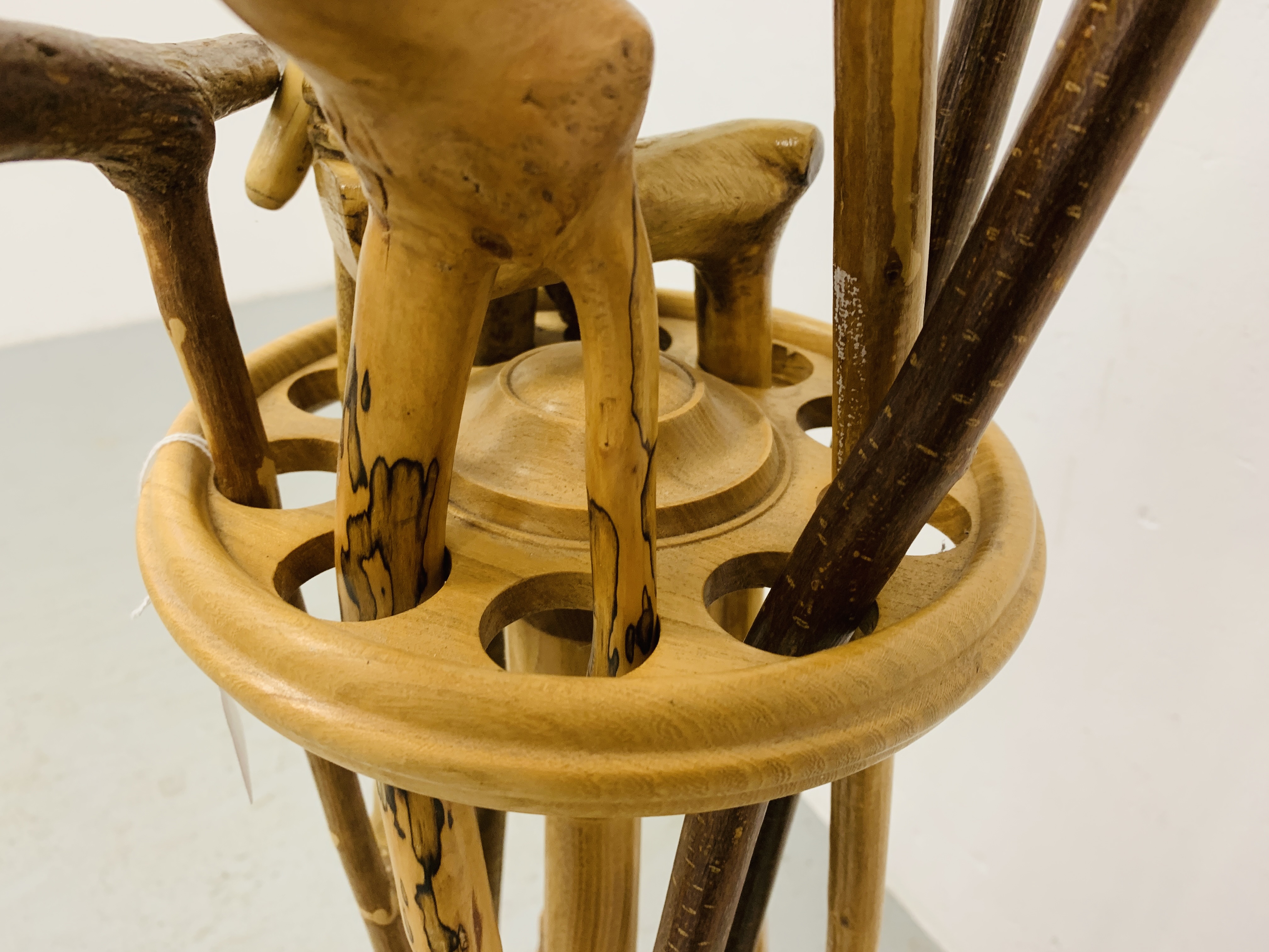 A HAND TURNED STAND CONTAINING A COLLECTION OF WALKING STICKS - Image 2 of 9