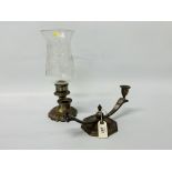 STYLISH MAPPIN & WEBB PLATED 2 BRANCH LOW CANDLE STICK TOGETHER WITH A VINTAGE ORNATE CANDLE HOLDER