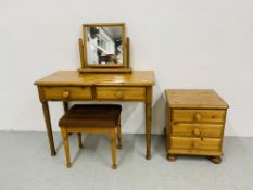 A HONEY PINE TWO DRAWER DRESSING TABLE AND STOOL - WIDTH 100cm and HONEY PINE THREE DRAWER BEDSIDE