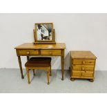 A HONEY PINE TWO DRAWER DRESSING TABLE AND STOOL - WIDTH 100cm and HONEY PINE THREE DRAWER BEDSIDE