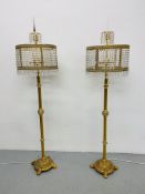 PAIR OF ORNATE GILT METAL STANDARD LAMPS WITH CRYSTAL DROP SHADES,