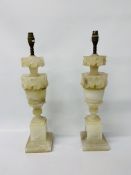 PAIR OF VINTAGE ONYX TABLE LAMPS DECORATED WITH VINES ON A SQUARE COLUMN BASE HEIGHT 49.