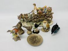 A CAPO DI MONTE STYLE FIGURED GROUP "FRUIT WAGON" + 2 POOLE POTTERY BIRDS AND A PLATE TOGETHER WITH
