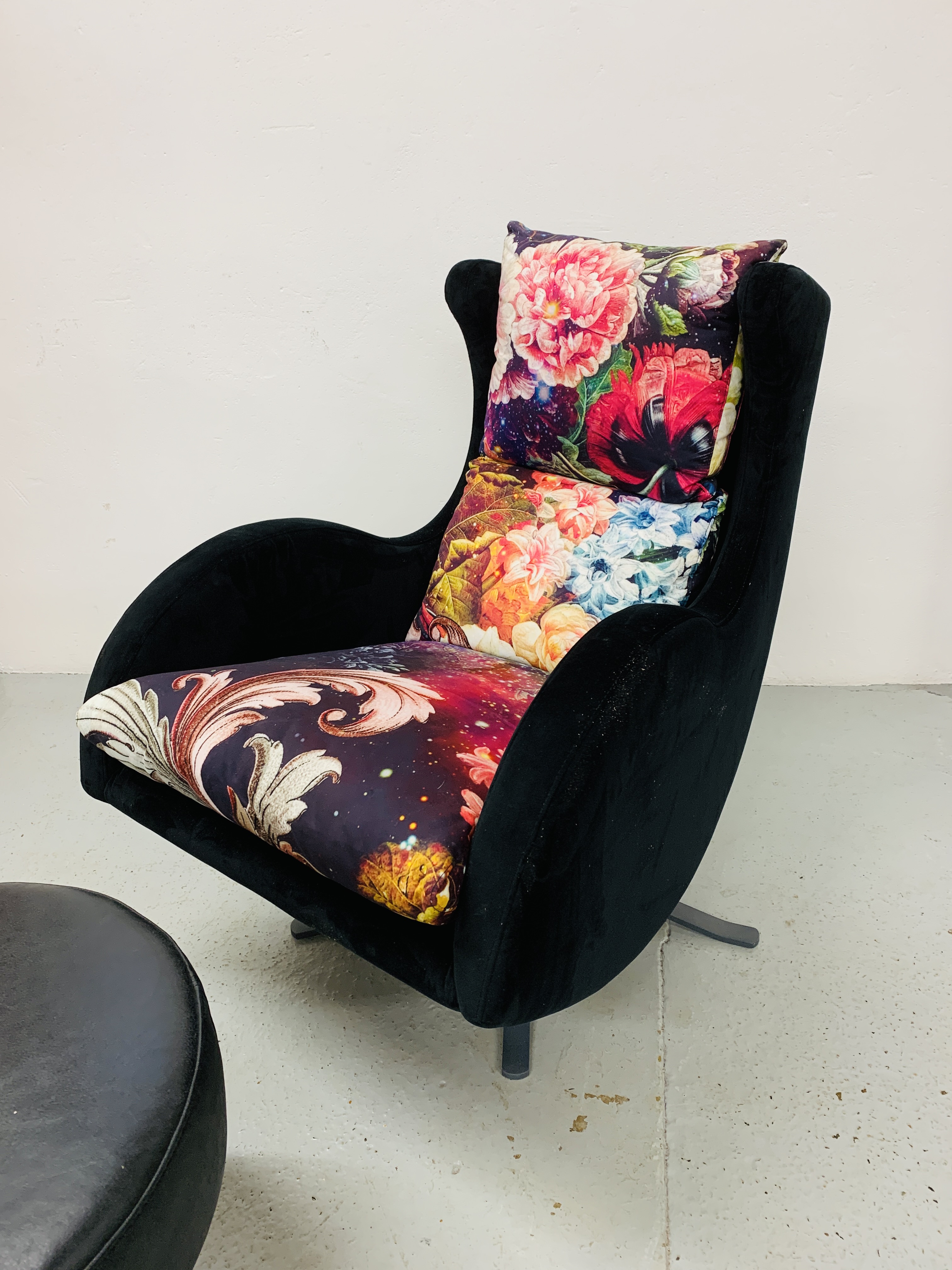 "TAMA" DESIGNER ARMCHAIR UPHOLSTERED IN BLACK SUEDE WITH FLORAL CUSHIONS TOGETHER WITH A FAUX - Image 2 of 9