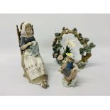 LLADRO FIGURE DOING EMBROIDERY TOGETHER WITH A SMALL LLADRO FIGURE OF A YOUNG GIRL WITH A BASKET OF