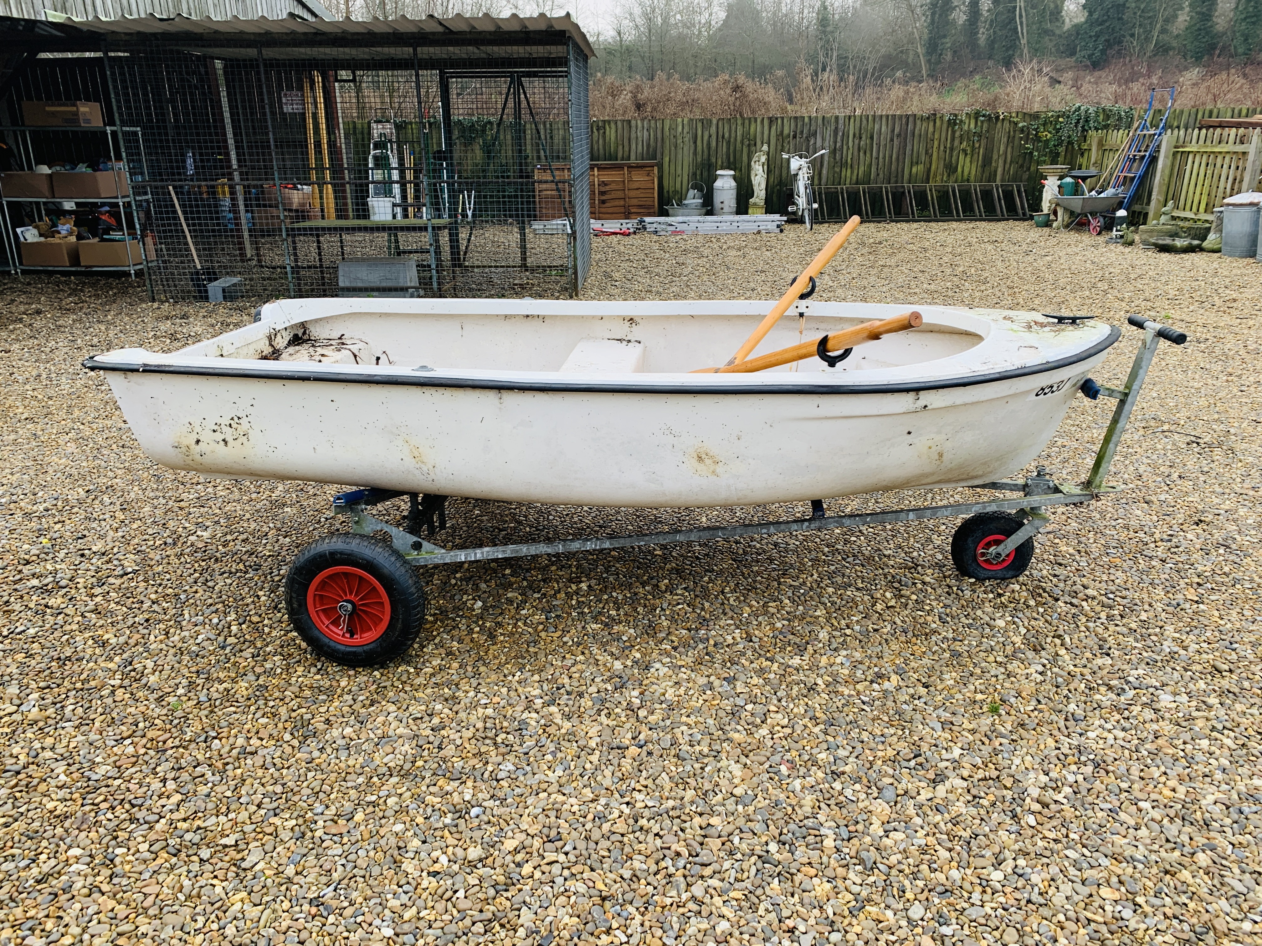 A 10FT FIBREGLASS ROWING DINGHY ON LAUNCHING TRAILER WITH OARS, - Image 4 of 12