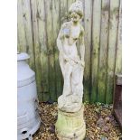 A GARDEN STONEWORK FEMALE FIGURE ON PLINTH - OVERALL HEIGHT 115cm.