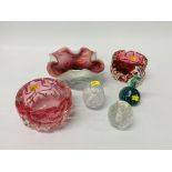 2 x GLASS CRANBERRY COLOURED ART GLASS ASHTRAYS, MADINA PAPER WEIGHT,