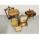 SIX VARIOUS ITEMS OF OCCASIONAL FURNITURE TO INCLUDE WORK BOX, TOILET MIRROR, 2 X STOOLS,