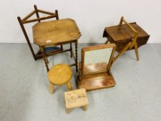 SIX VARIOUS ITEMS OF OCCASIONAL FURNITURE TO INCLUDE WORK BOX, TOILET MIRROR, 2 X STOOLS,