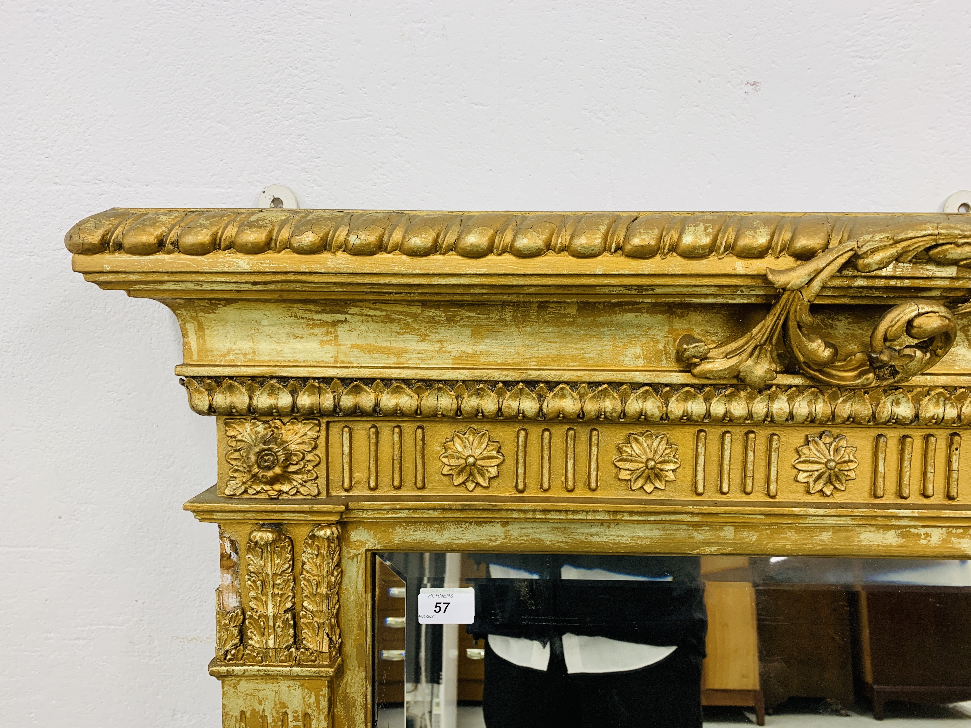 HIGHLY DECORATIVE GILT FINISH OVER MANTEL MIRROR WITH BEVELLED GLASS MIRROR (NEEDS ATTENTION TO - Image 8 of 10