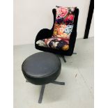 "TAMA" DESIGNER ARMCHAIR UPHOLSTERED IN BLACK SUEDE WITH FLORAL CUSHIONS TOGETHER WITH A FAUX