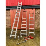 AN ALUMINIUM 12 TREAD DOUBLE EXTENSION LADDER, A BELDRAY 3 WAY TOP FLIGHT LADDER,