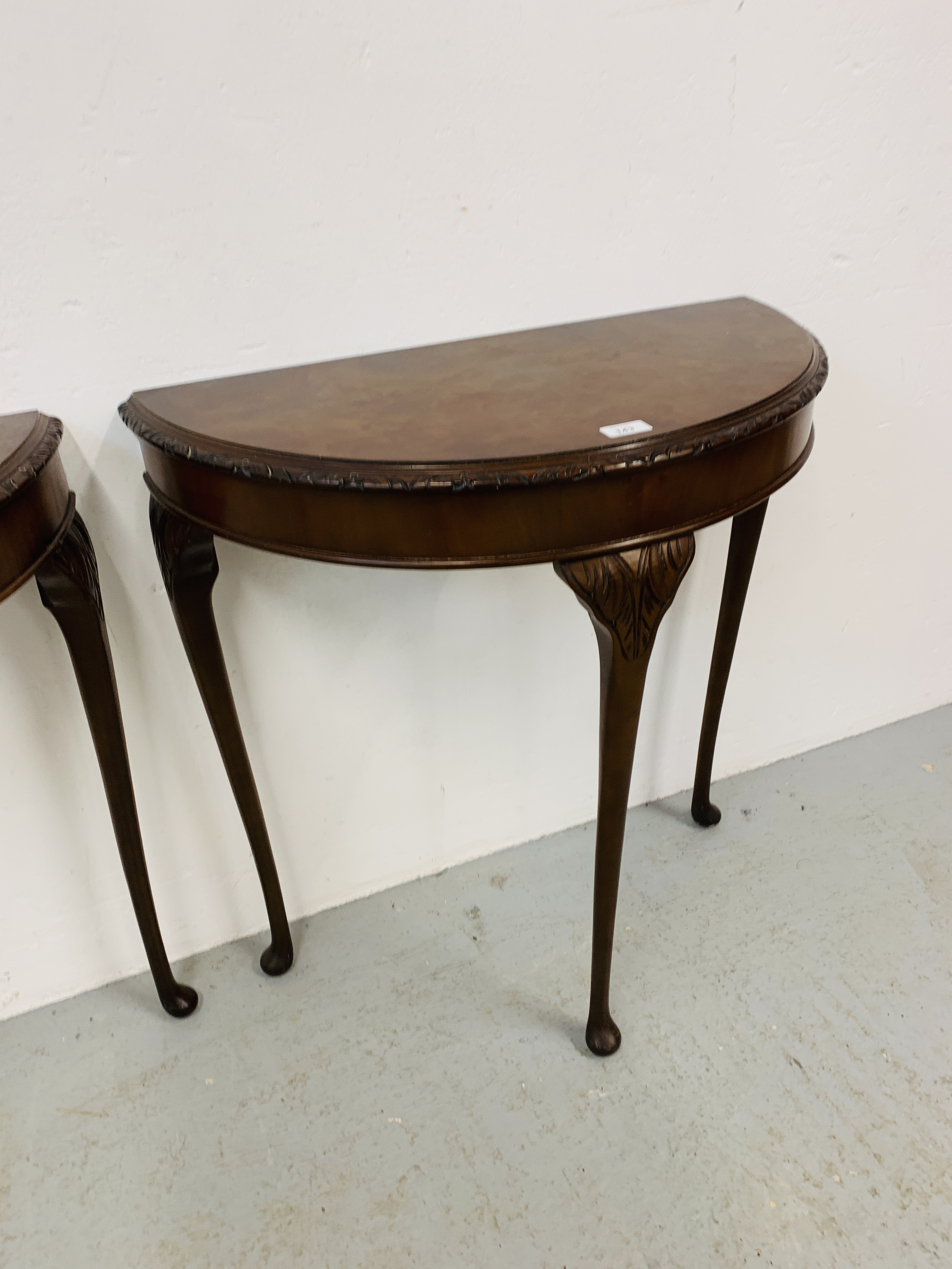 A PAIR OF REPRODUCTION WALNUT FINISH DEMI LUNE SIDE TABLES (EACH WIDTH 74cm) - Image 2 of 6